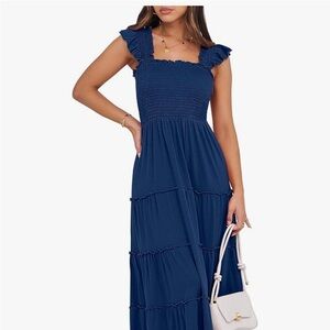 Anrabess Smocked Blue Ruffle Maxi Dress NWT